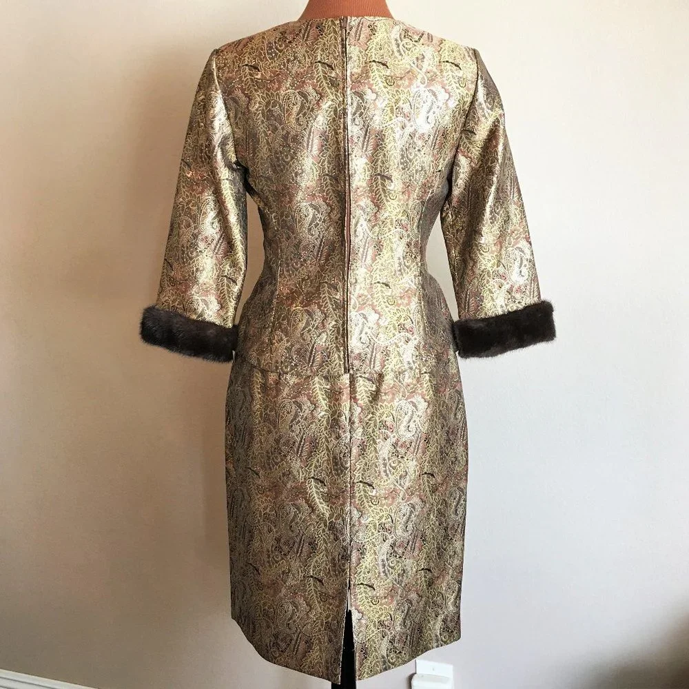 CHETTA B Gold Brocade 2-pc Skirt Set w/Mink Trim - Picture 6 of 16